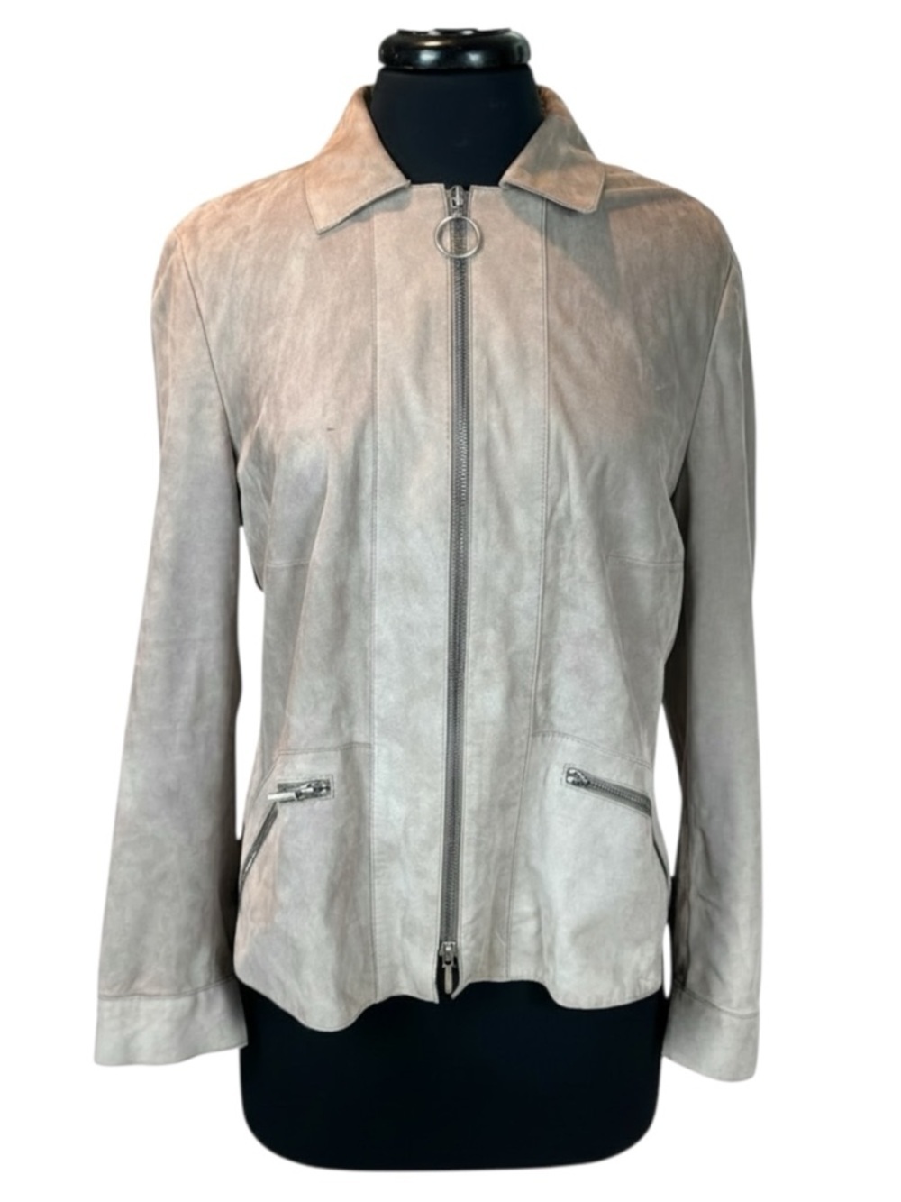 Akris Punto Taupe Lambskin Soft Suede Zip Front Jacket Size 12